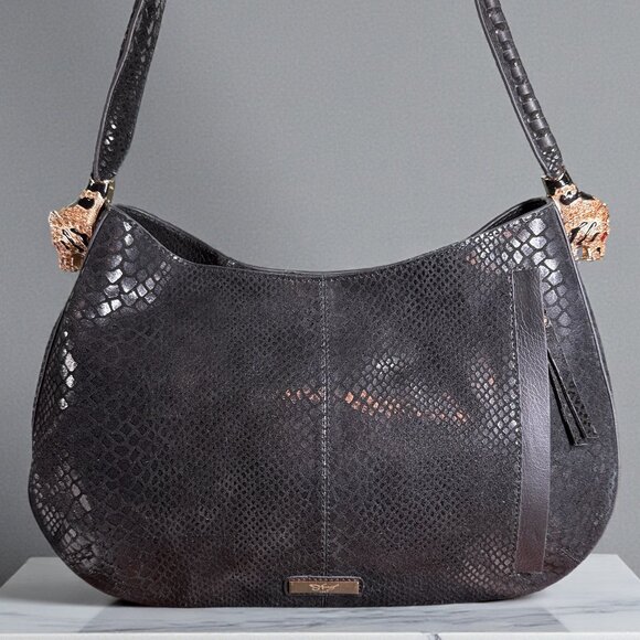 Sharif Suede & Leather Python Embossed Patchwork Gold Tiger Head Shoulder Bag - Picture 4 of 16